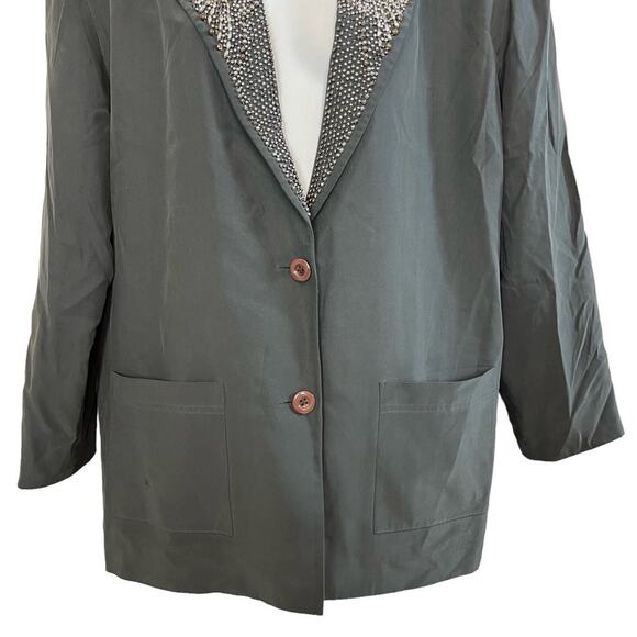 IB DIFFUSION 100% Silk Gray Studded Collar Suit Jacket Blazer Longline sz 10 - Picture 4 of 16